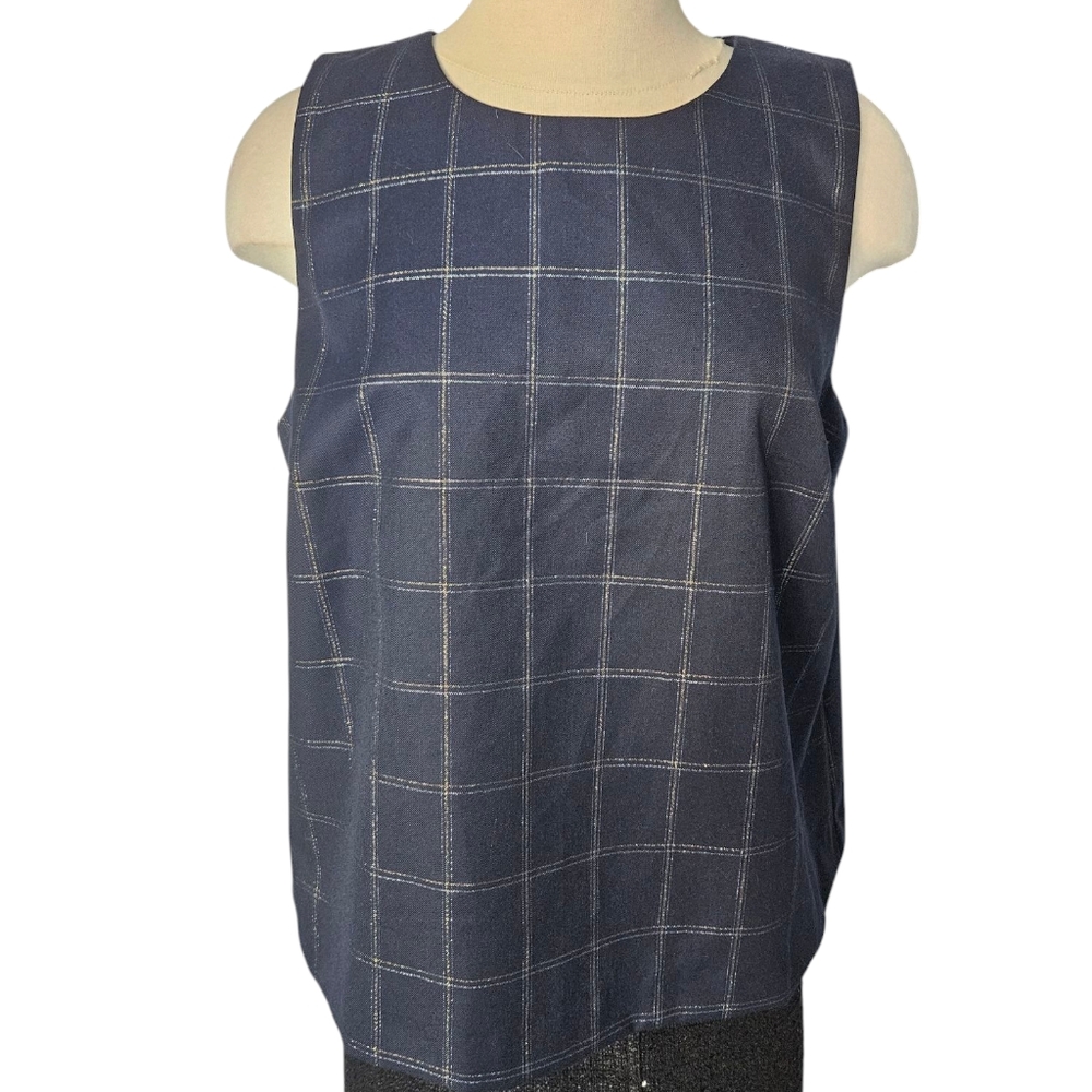 NWT Banana Repablic Plaid Shine Shell Navy Blue Checkered Sleeveless Top - Picture 3 of 9